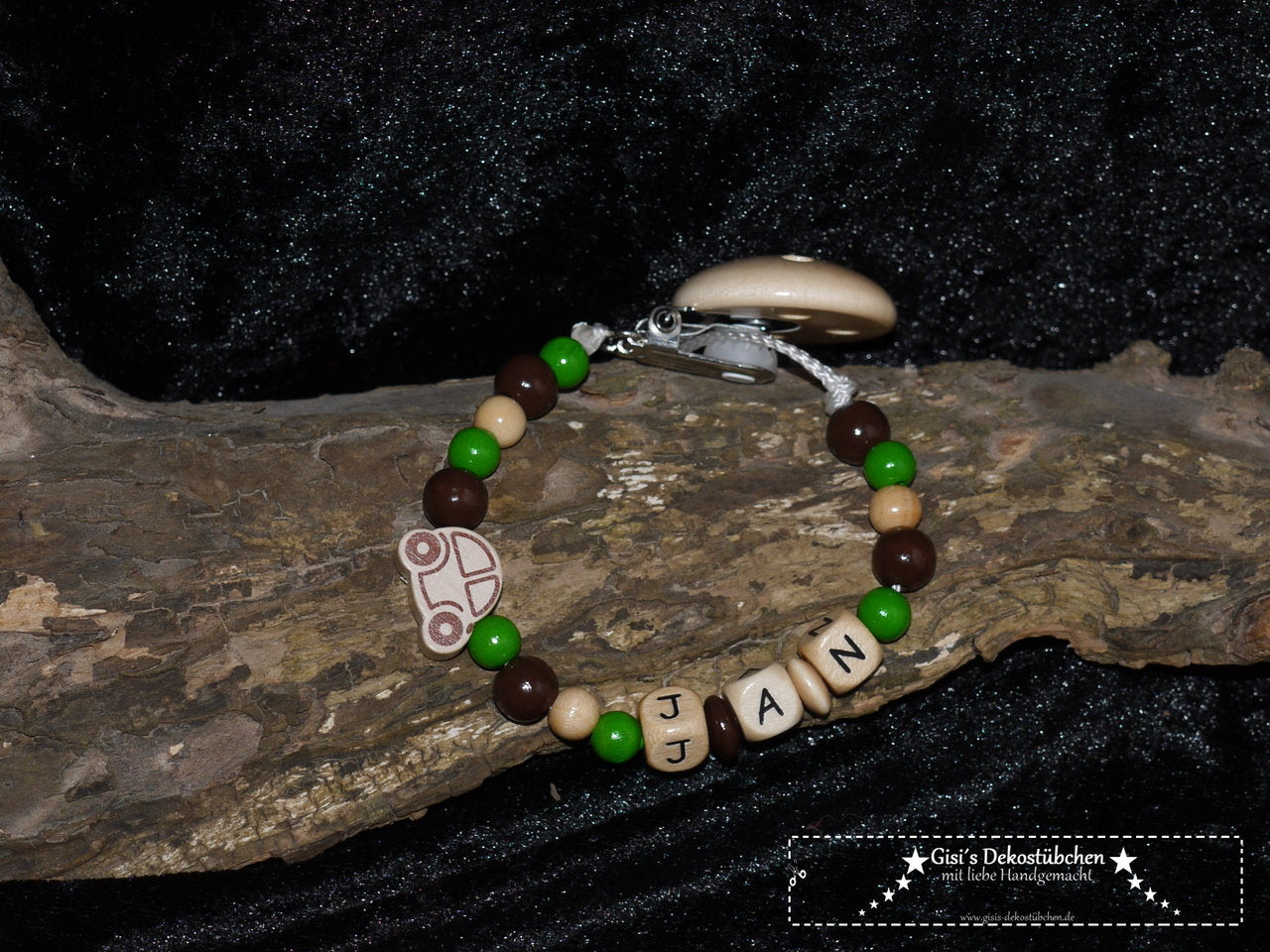 Baby pacifier chain "Car" in green-brown