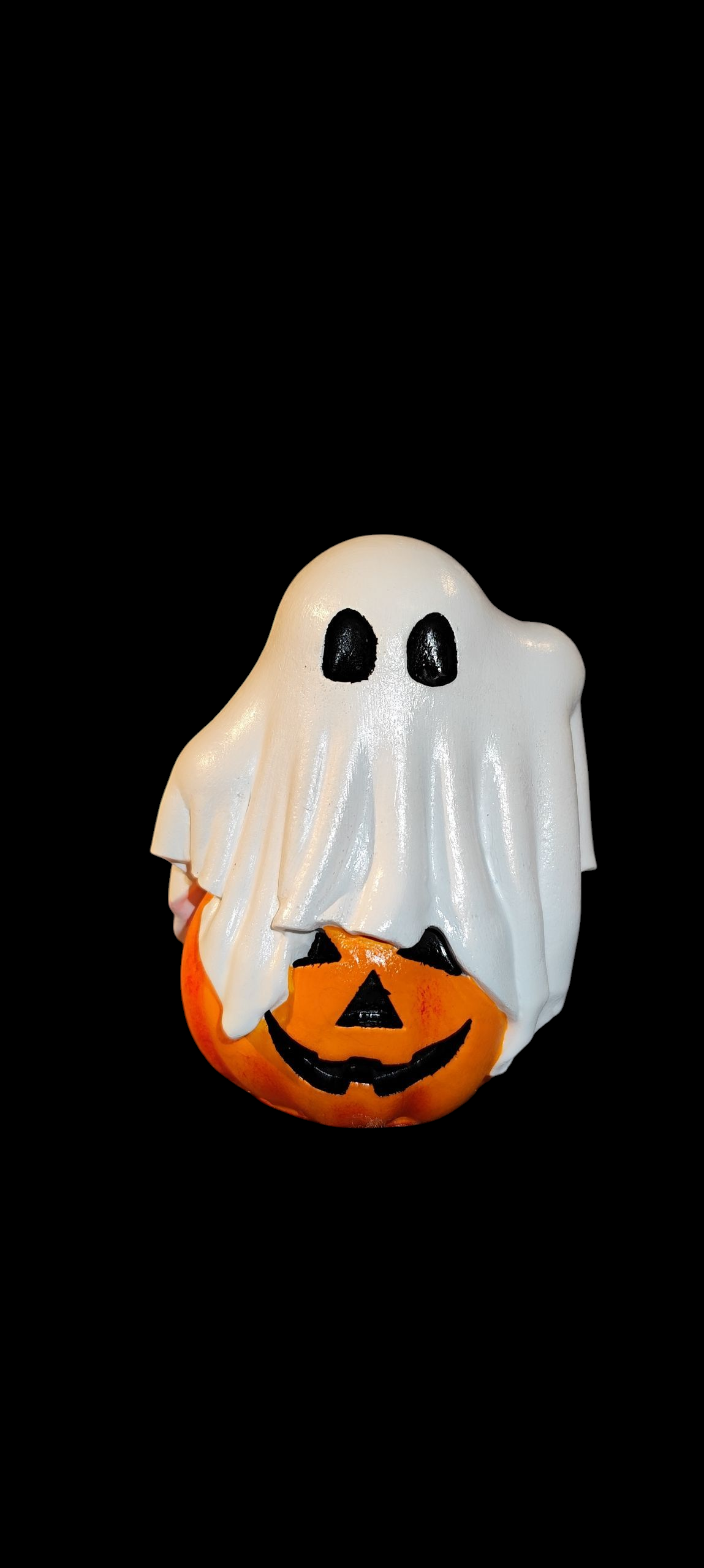 Ghost on Pumpkin made of Ceramic Halloween Autumn Spooky Decoration Hand-painted