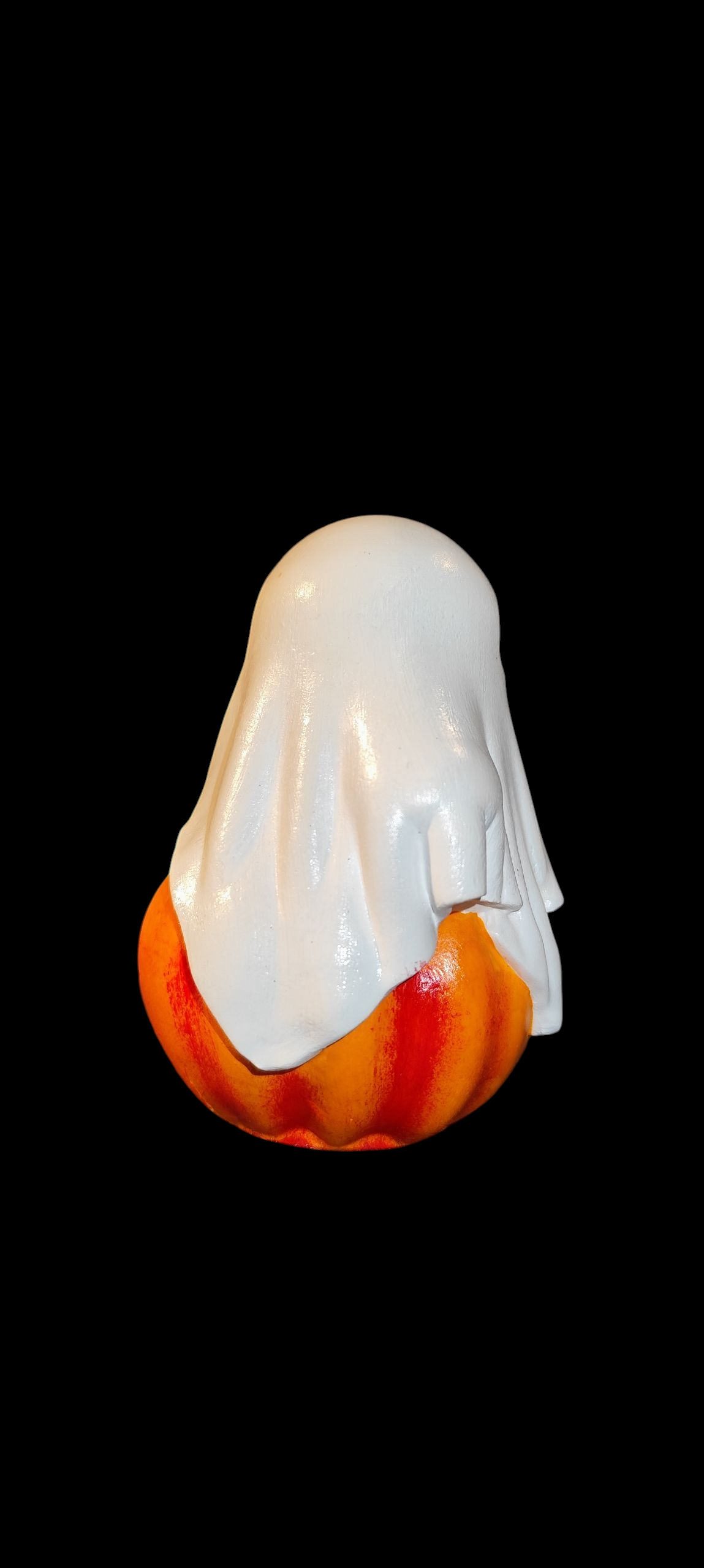Ghost on Pumpkin made of Ceramic Halloween Autumn Spooky Decoration Hand-painted