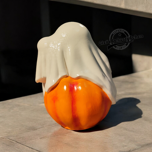 Ghost on Pumpkin made of Ceramic Halloween Autumn Spooky Decoration Hand-painted