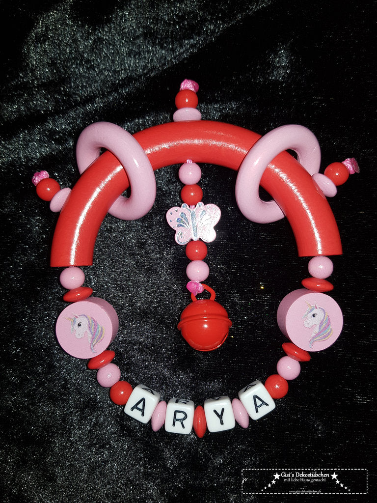 Teething ring with the names Unicorn and Butterfly
