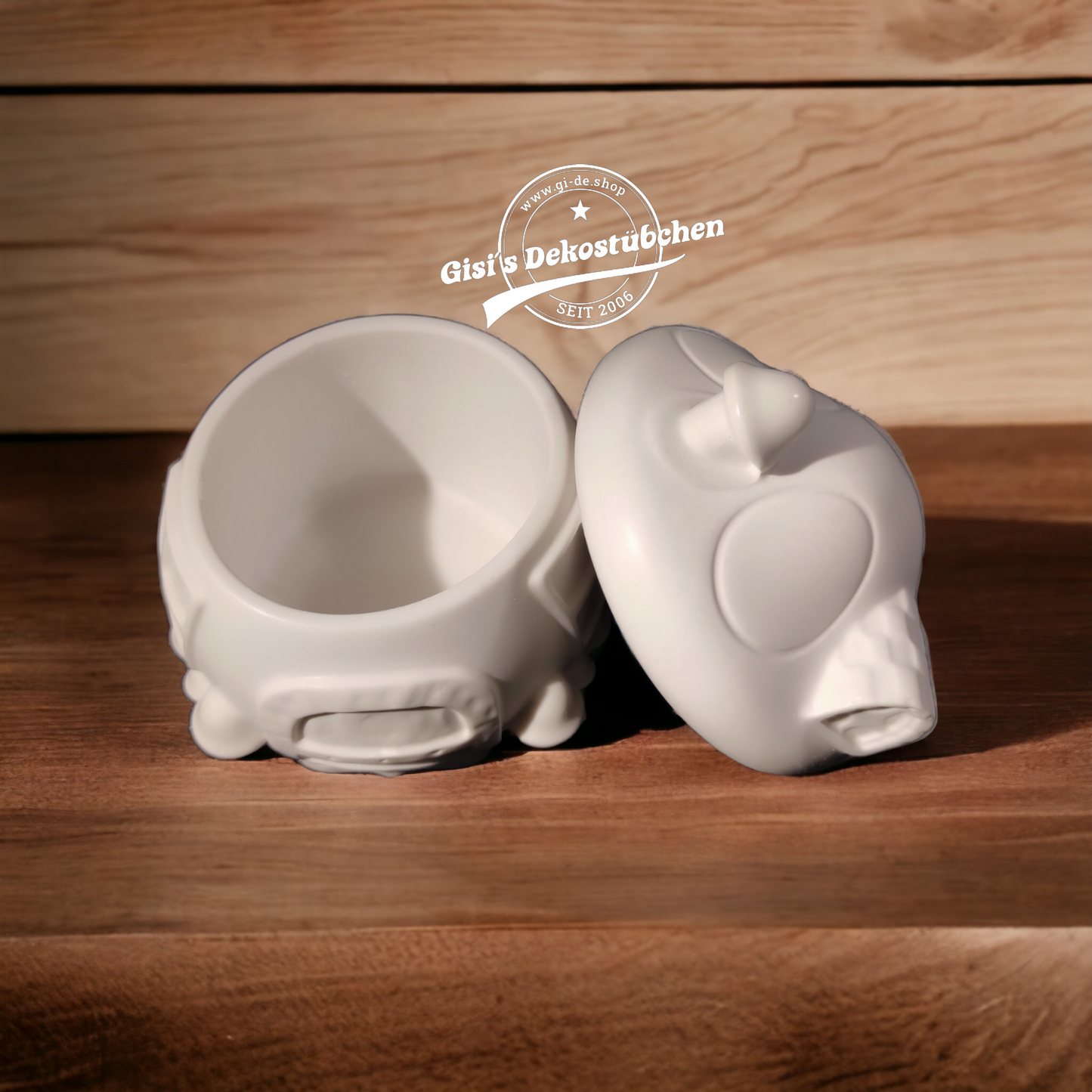 Cute ceramic mushroom in the shape of a box with a door and chimney.