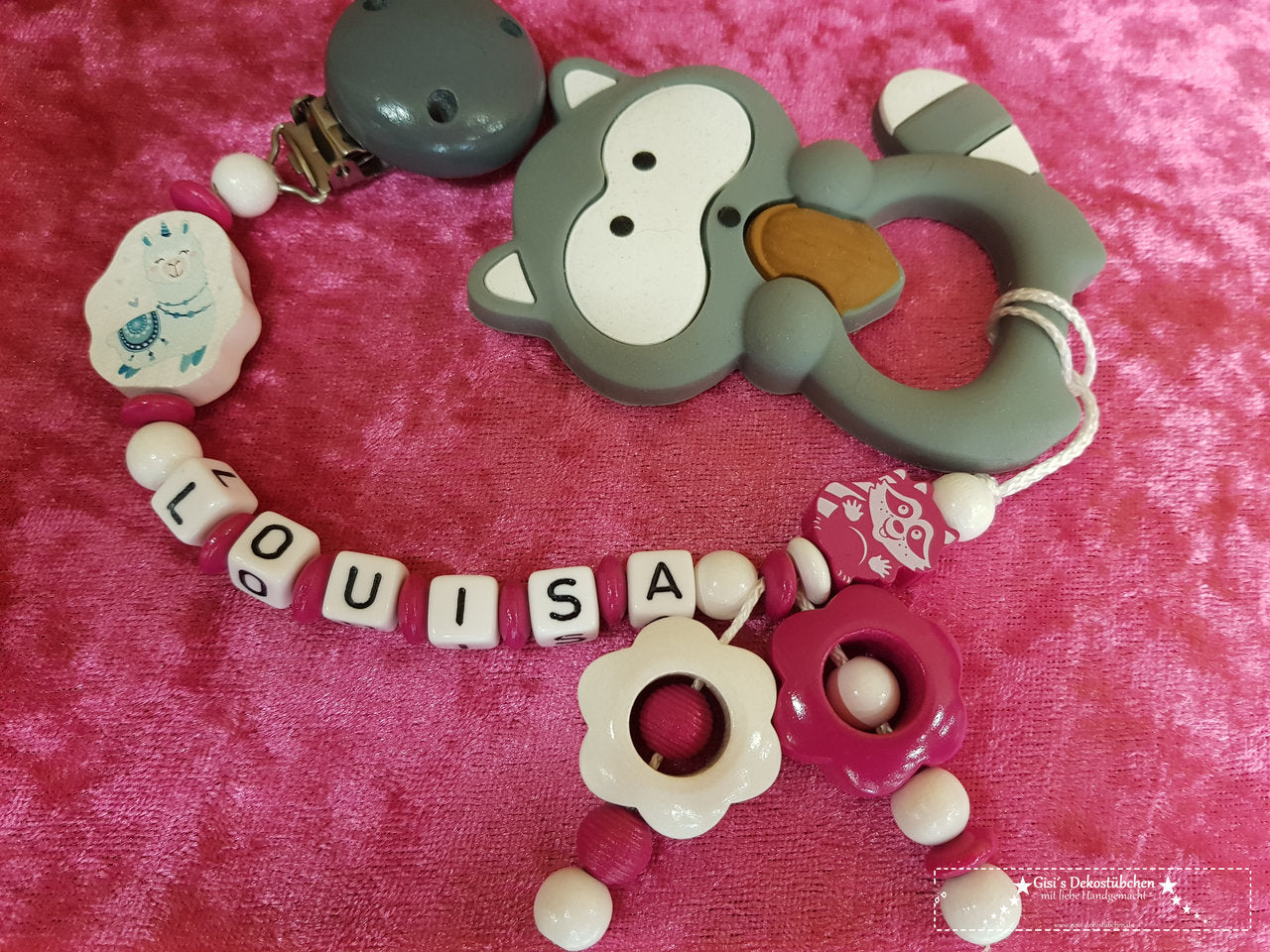 Wooden silicone teething necklace, raccoon pink