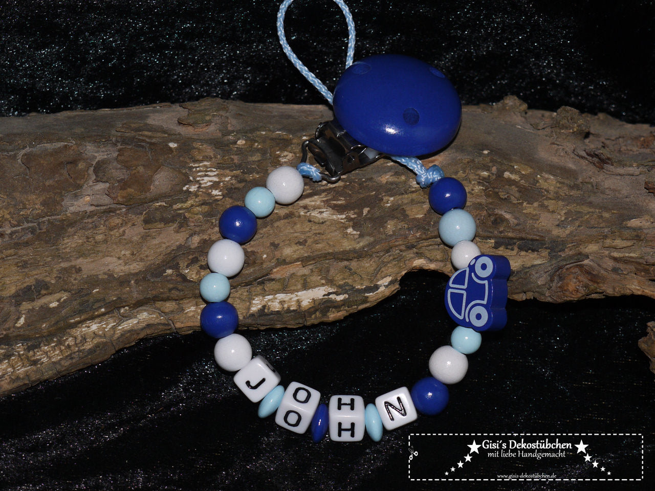 Pacifier chain with name, desired name, CAR BLUE, NEW