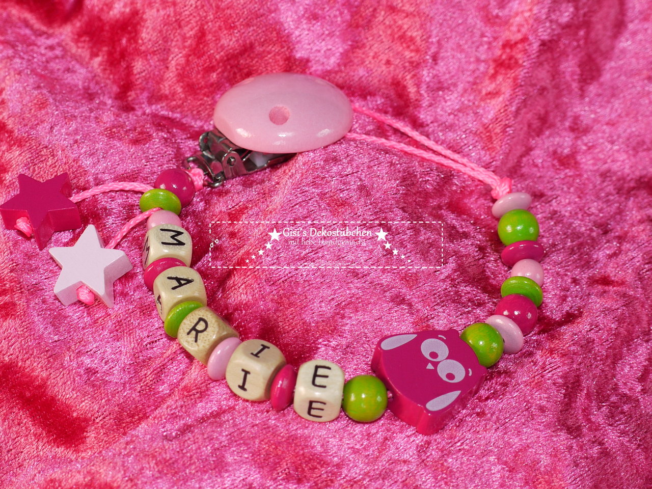Pacifier chain with name, owl/star