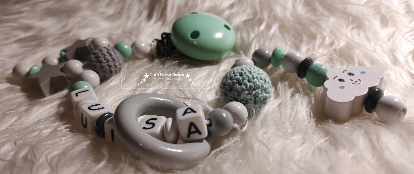 Pacifier chain with name, cloud + star, white/grey/mint
