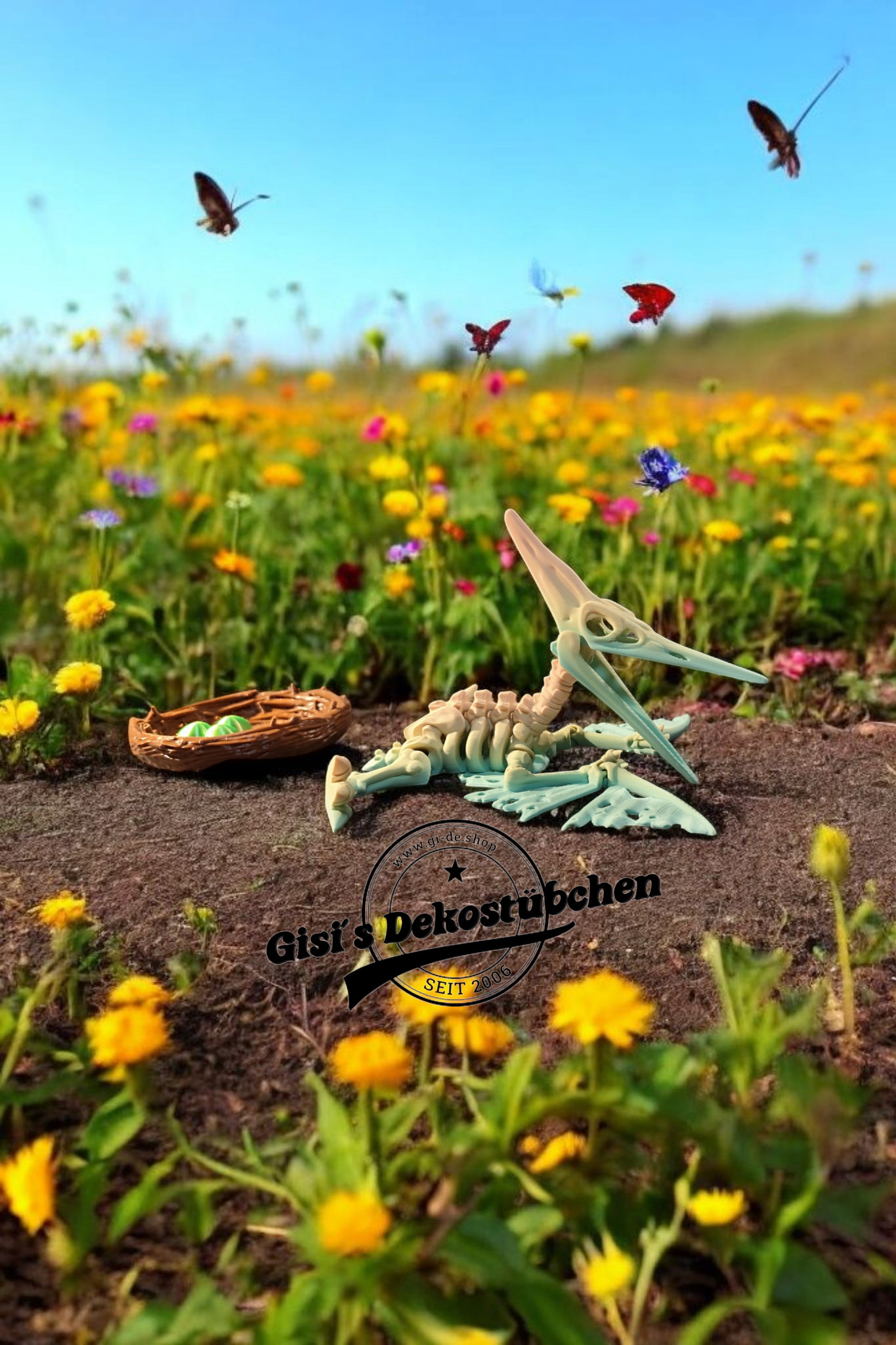 Skeleton Pteranodon with nest and eggs 3D