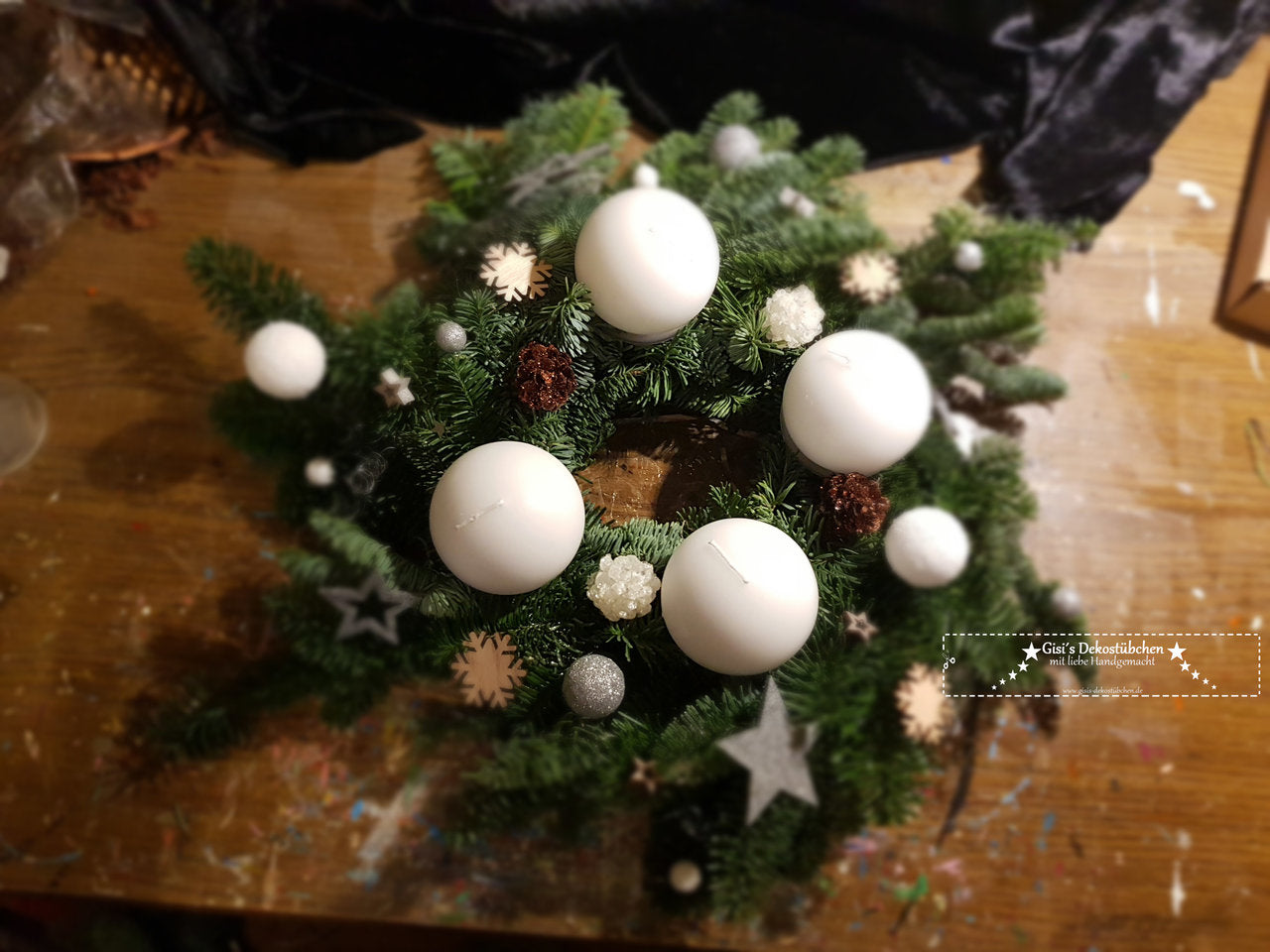 Advent wreath freshly tied white, silver, natural 