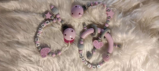 2-piece set of pacifier chains with name crochet beads, heart and star 