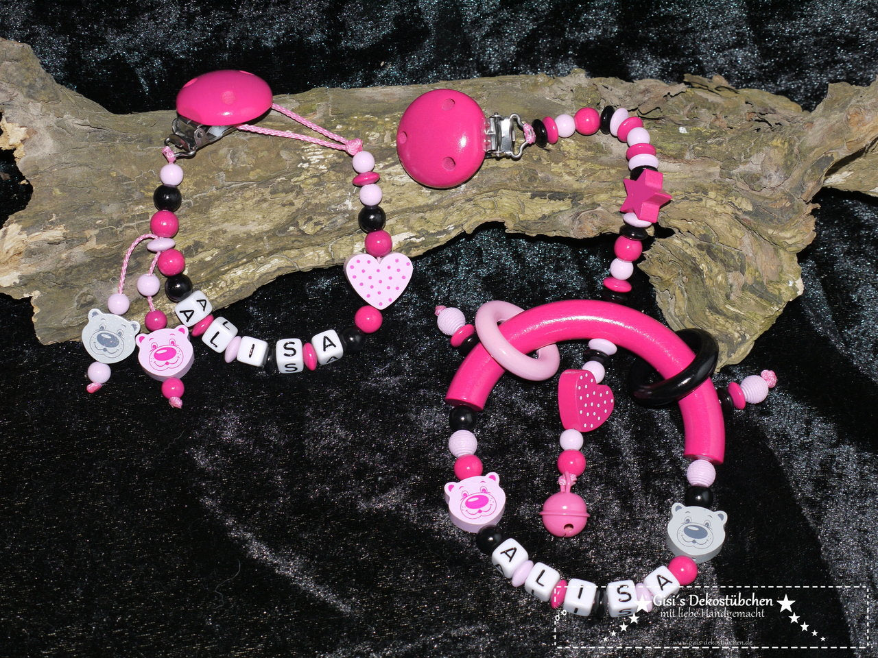 2-piece set of pacifier chains with names Teddy, Heart and Star