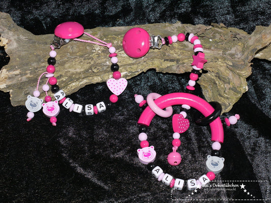 2-piece set of pacifier chains with names Teddy, Heart and Star