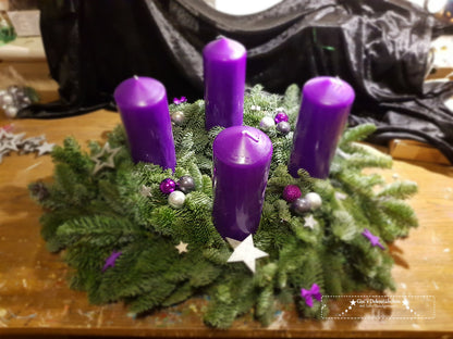Advent wreath freshly tied purple, gray 