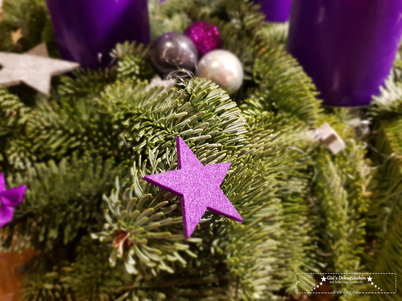 Advent wreath freshly tied purple, gray 