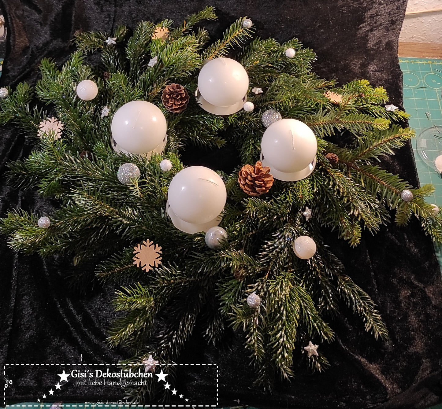 Advent wreath freshly tied white, silver, natural 