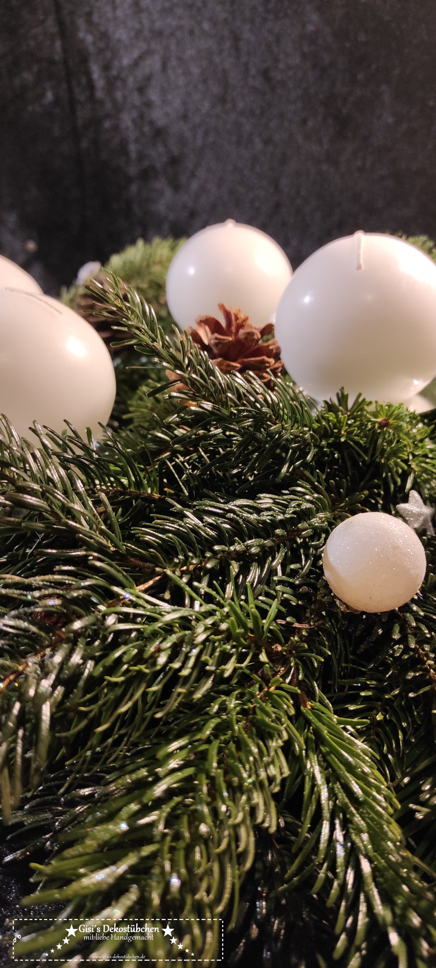 Advent wreath freshly tied white, silver, natural 