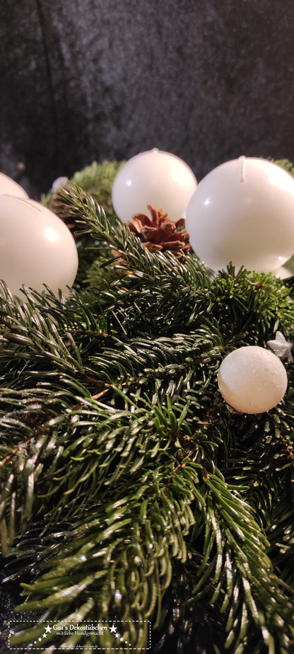 Advent wreath freshly tied white, silver, natural 