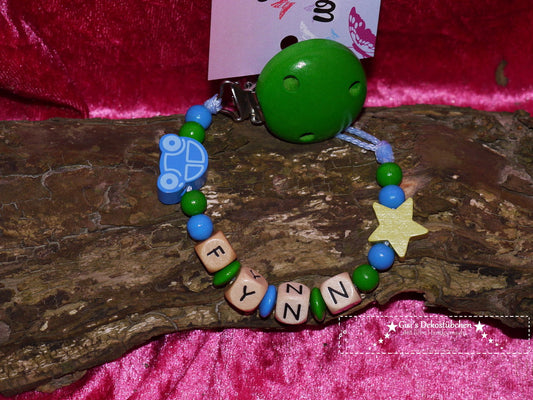 Baby pacifier chain "Car and Star" in green-blue