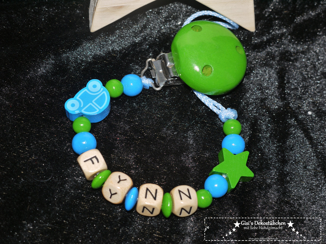 Baby pacifier chain "Car and Star" in green-blue