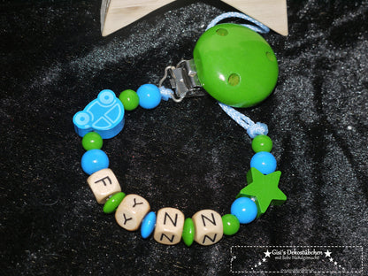 Baby pacifier chain "Car and Star" in green-blue