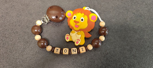 Beißkette Löwe mit Namen – Silikon & Holz, Zahnungshilfe Baby
