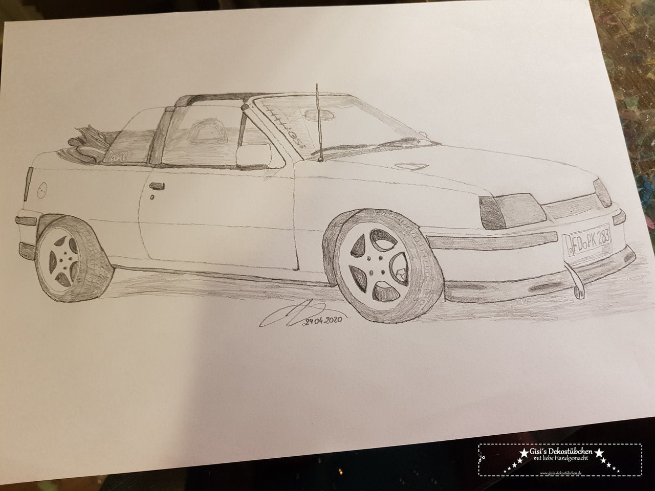 Pencil drawing of her vehicle