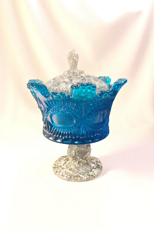 Epoxy resin jar with lid – unique in blue &amp; silver with glitter – 15 cm – handmade storage