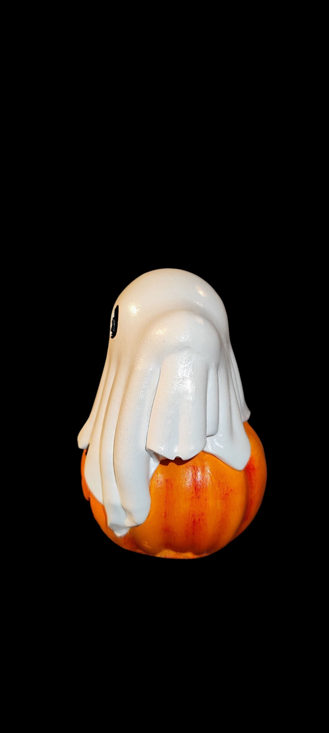 Ghost on Pumpkin made of Ceramic Halloween Autumn Spooky Decoration Hand-painted 