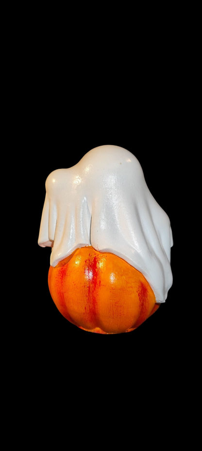 Ghost on Pumpkin made of Ceramic Halloween Autumn Spooky Decoration Hand-painted 