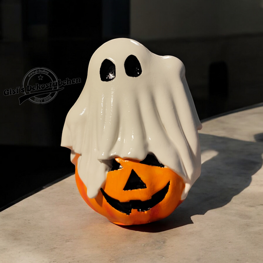 Ghost on Pumpkin made of Ceramic Halloween Autumn Spooky Decoration Hand-painted 