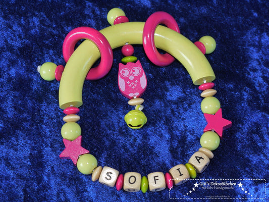 Baby teething ring with personalized name and owl