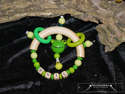 Frog teething ring with personalized name