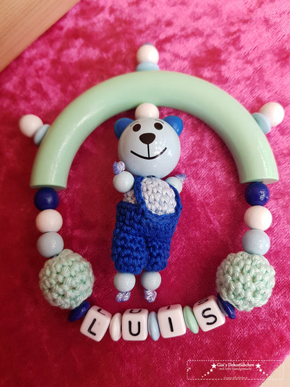 Teddy Bear named teething ring made of crochet beads 