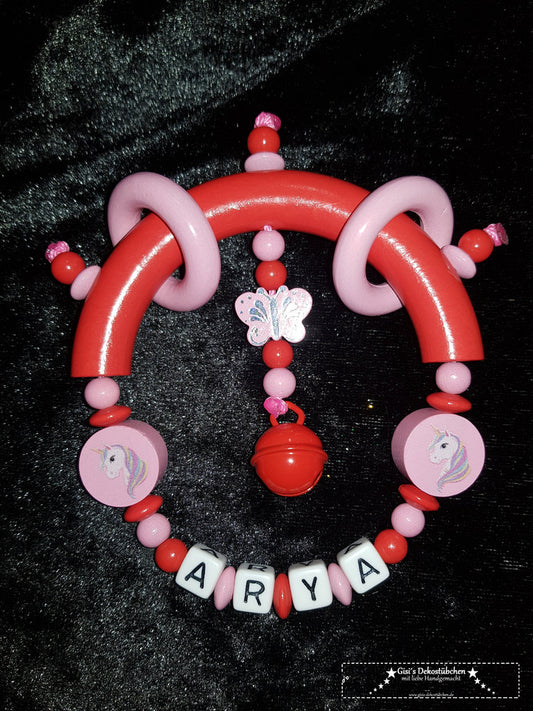 Teething ring with the names Unicorn and Butterfly 