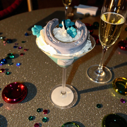 Happy New Year candle in a cocktail glass made of soy wax – lucky candle with clover, horseshoe &amp; desired fragrance
