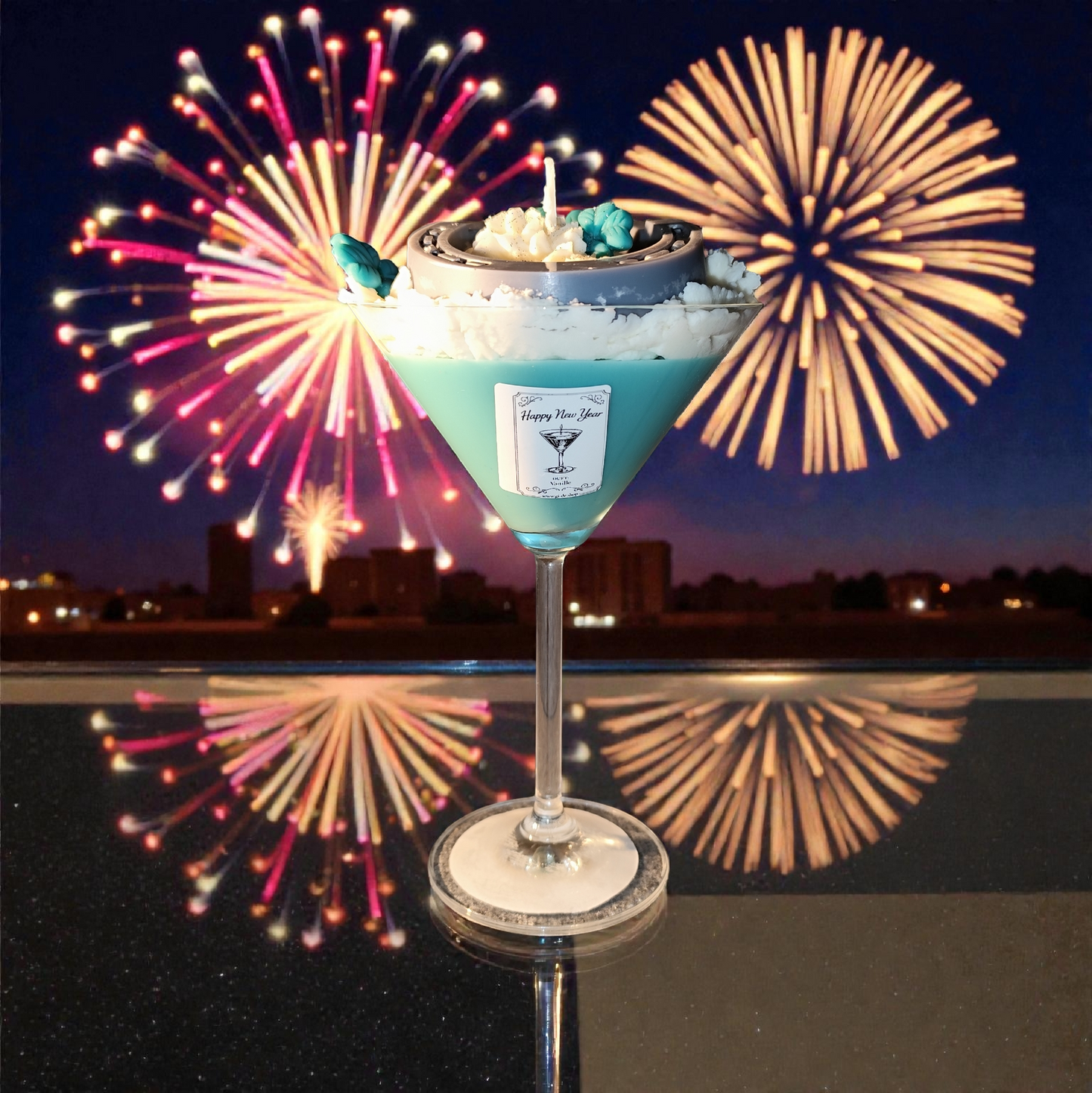 Happy New Year candle in a cocktail glass made of soy wax – lucky candle with clover, horseshoe &amp; desired fragrance