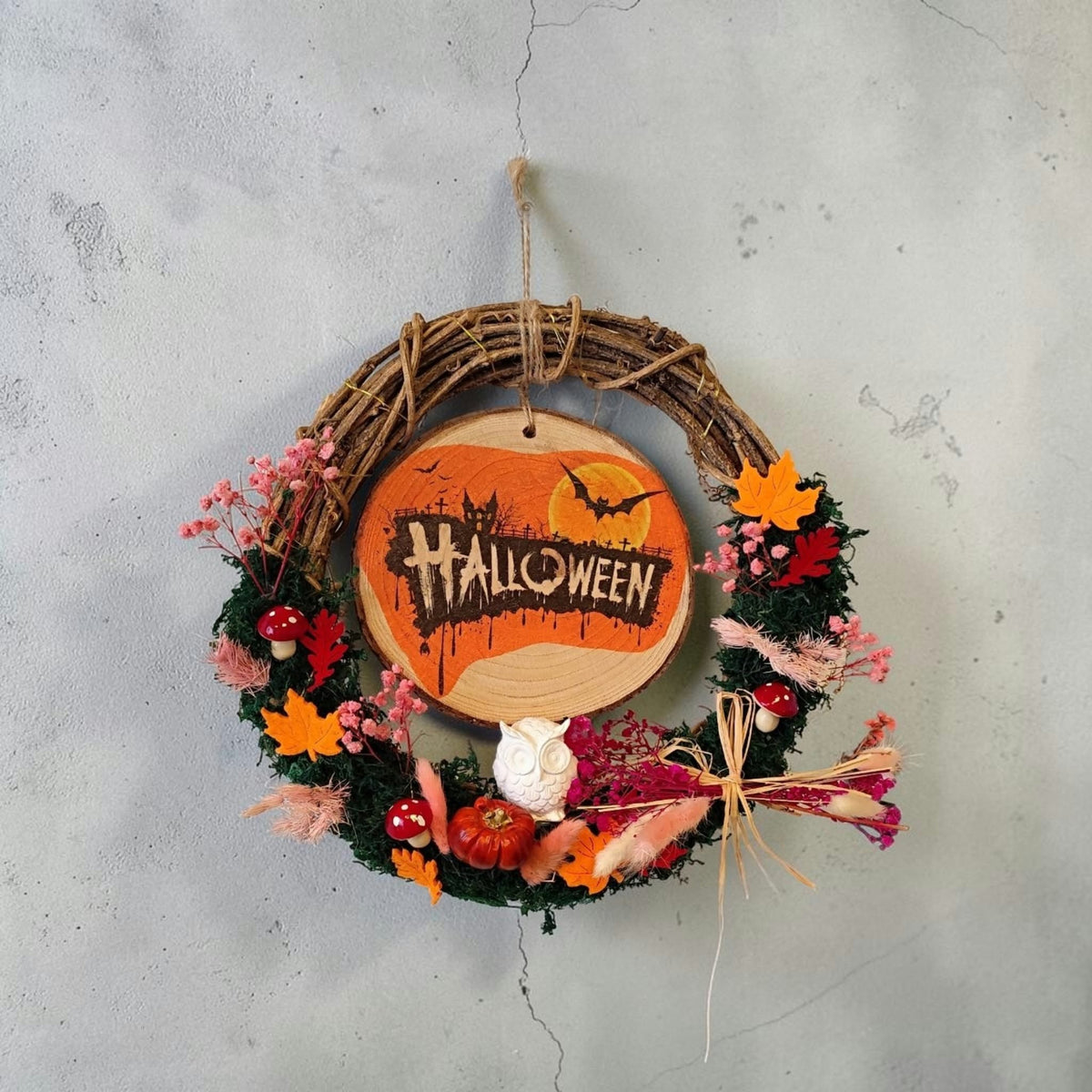 Herbst-Halloween-Kranz mit LED-Beleuchtung – handgefertigt Ø ca. 30 cm