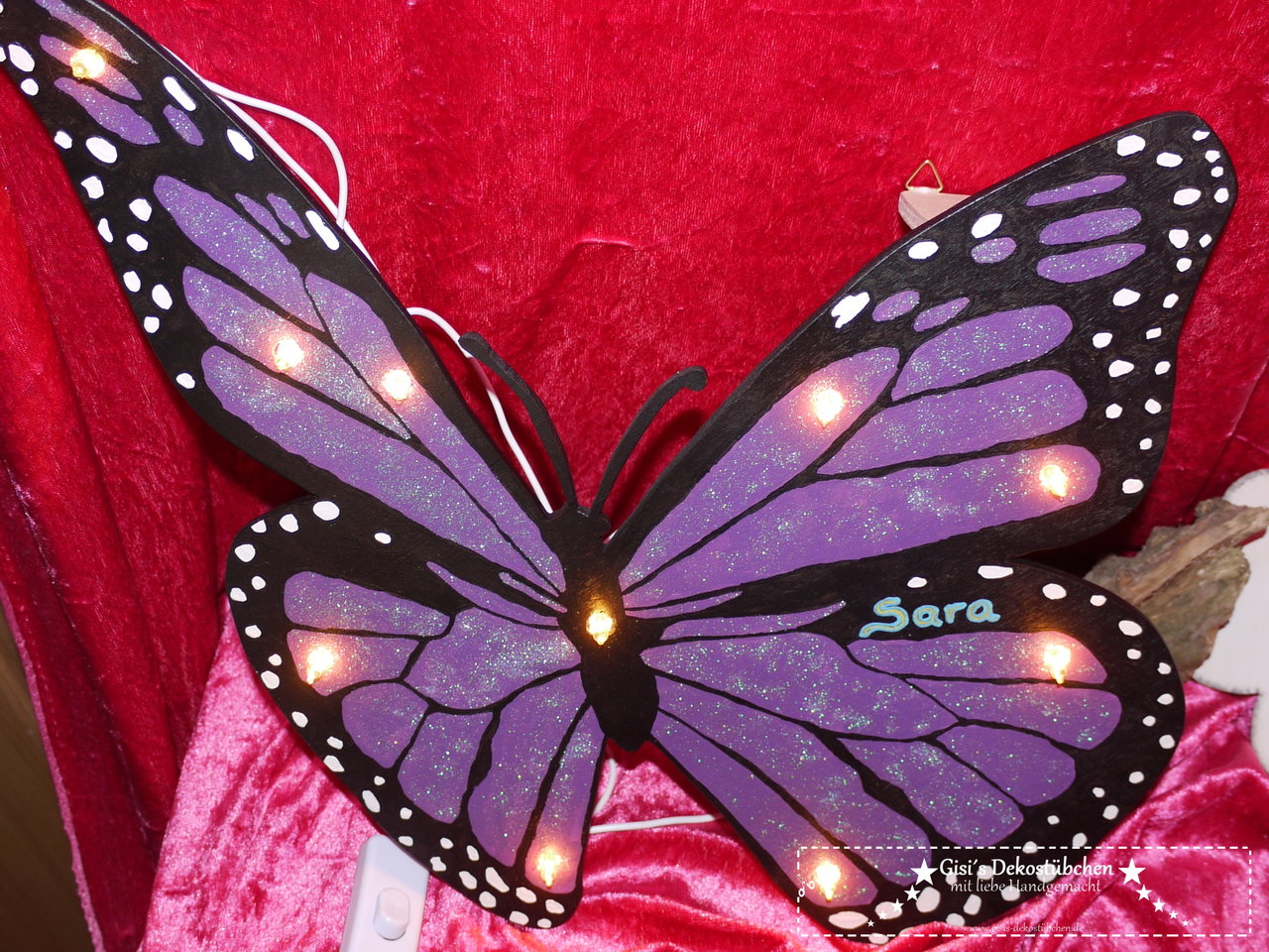 Wooden wall lamp butterfly with name and glitter with LED
