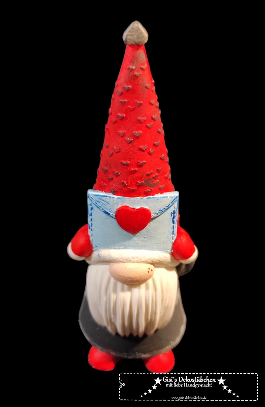 Ceramic gnome with love letter, red and grey