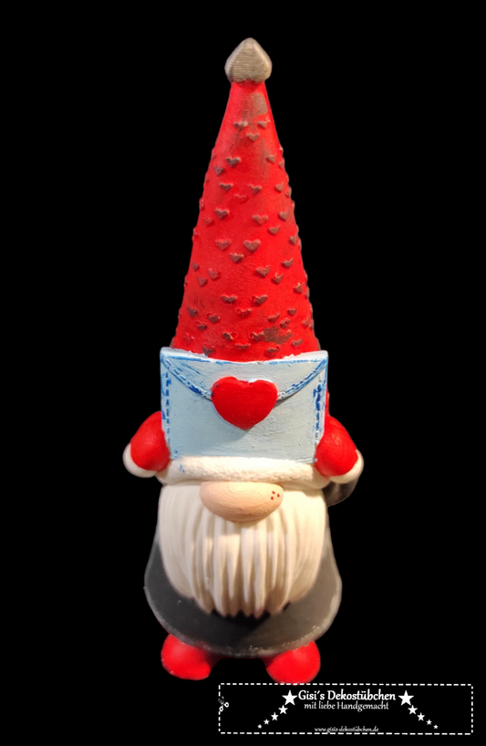 Ceramic gnome with love letter, red and grey