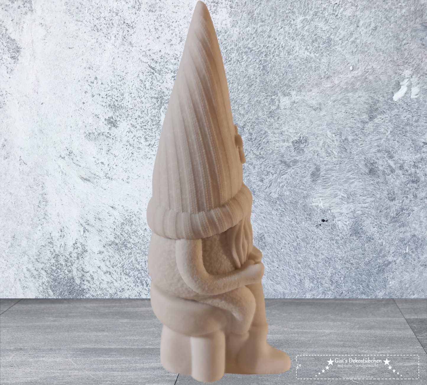 Ceramic gnome no. 4 sitting with cup and flower