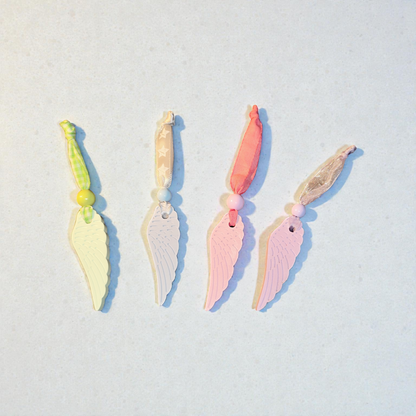 Ceramic feather pendant in pastel shades – hand-cast with wooden bead &amp; ribbon | Guardian angel decoration