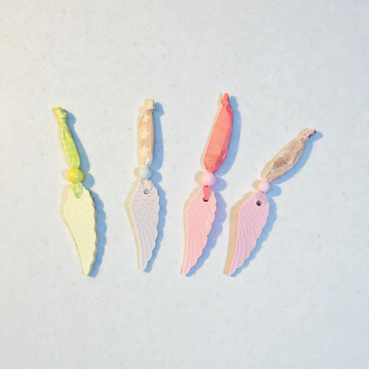 Ceramic feather pendant in pastel shades – hand-cast with wooden bead &amp; ribbon | Guardian angel decoration