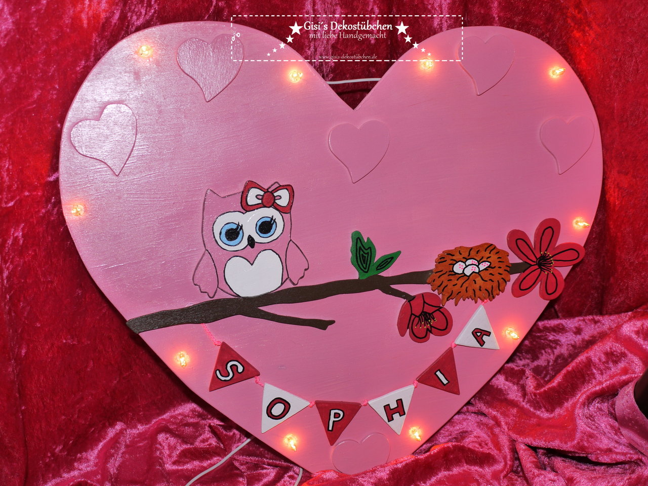 ♥Owl Lamp, Pink♥ Birth, Christening♥ Name with LED 
