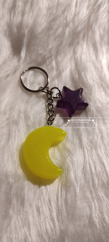 Moon and star resin keychains in different colors