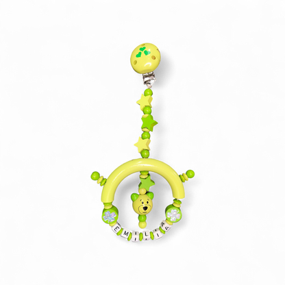 Personalized Pacifier Clip Green with Star, Teddy and Clover – Stroller Chain with Name