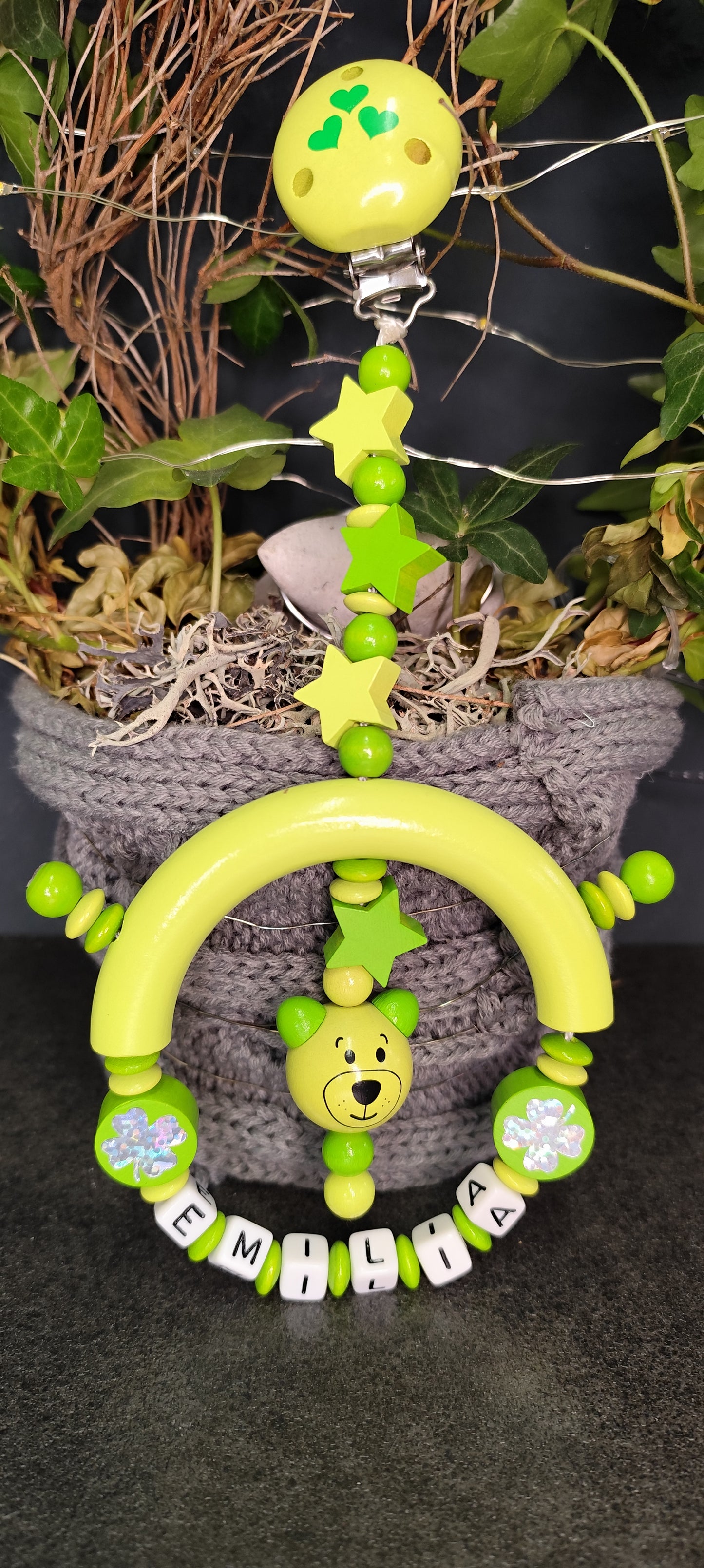 Personalized Pacifier Clip Green with Star, Teddy and Clover – Stroller Chain with Name