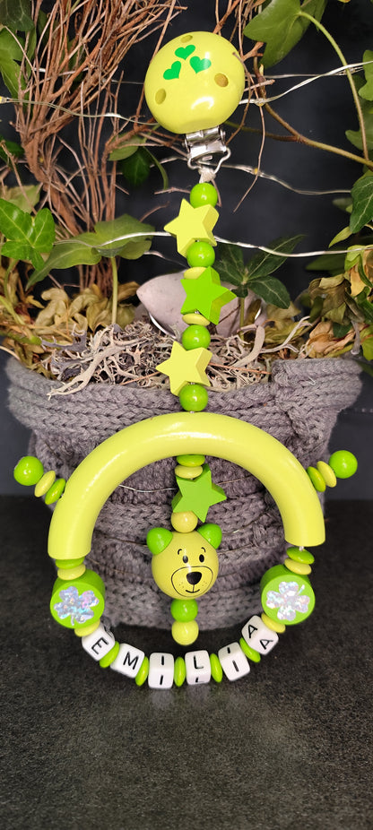 Personalized Pacifier Clip Green with Star, Teddy and Clover – Stroller Chain with Name