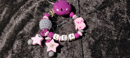 Pacifier chain with name, owl, crocheted bead