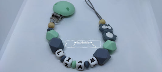 Silicone pacifier chain, raccoon design, grey/mint