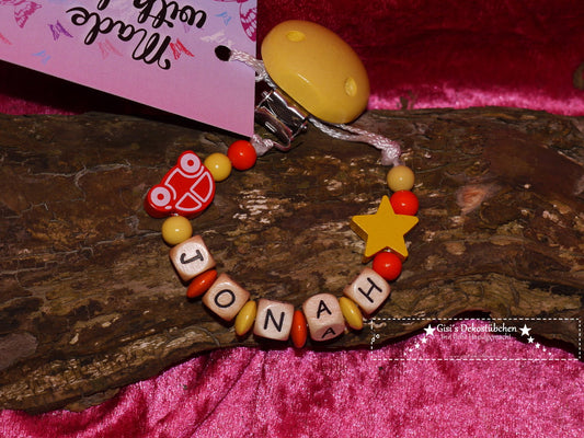 Pacifier chain with name "Car+Star-yellow-orange"